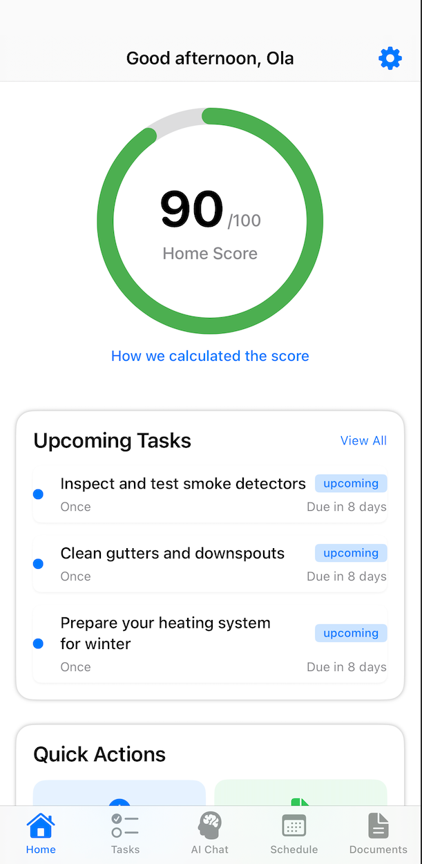 HomeTend app showing home score of 90 out of 100, with upcoming maintenance tasks